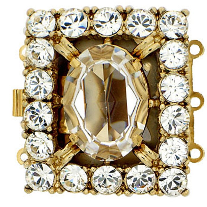 multistrand box clasp with 3 rows and spring tongue mechanism, victorian design rectangular with big central set crystal