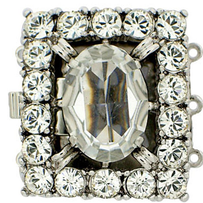 multistrand box clasp with 3 rows and spring tongue mechanism, victorian design rectangular with big central set crystal