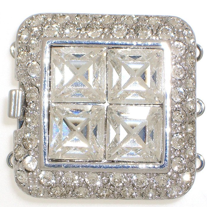 Beautiful and remarkable square classic three stranded box clasp with spring tongue mechanism and many crystals ideal for statement pearl necklaces