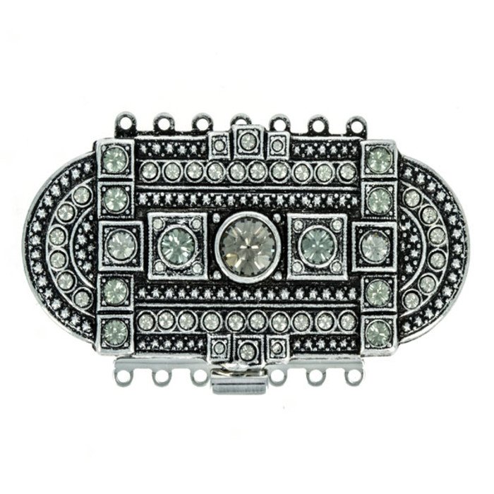 box clasp for 7 strands with spring mechanism in classic art deco design ornamented with many crystals, colors black diamond