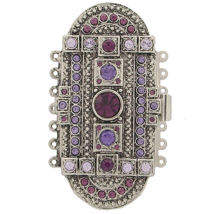 box clasp for 7 strands with spring mechanism in classic art deco design ornamented with many crystals, colors amethyst, tanzanite, violet