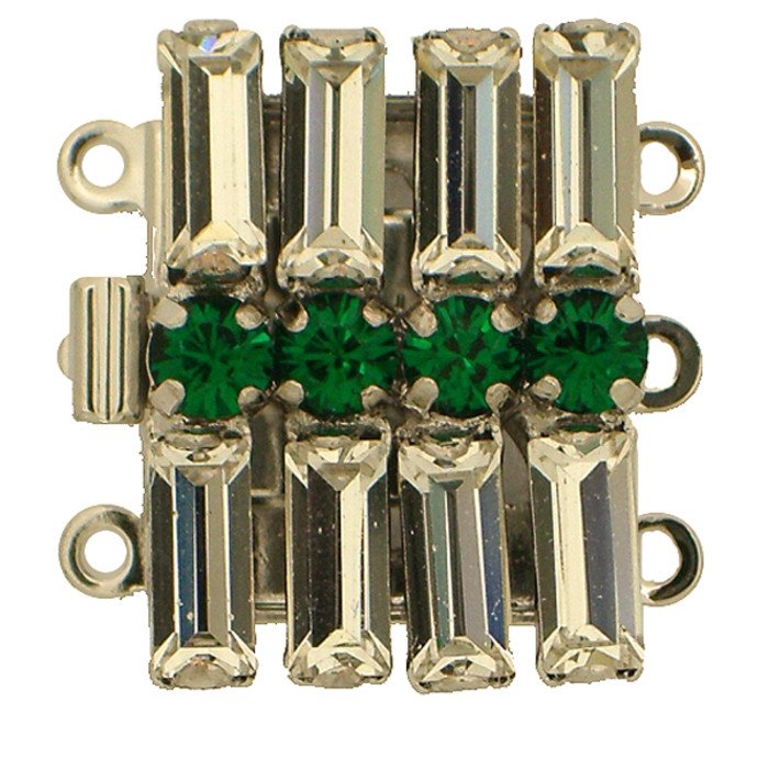 Historische Gürtlerschließe 3-reihig mit Federverschluss; Farbe Mittelstein: emerald