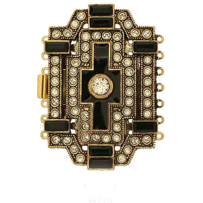 Historical German Rhinestone rectangular box clasp with 7 rows and springtongue mechanism; colour of the 8 rectangular stones and the enamelled cross in the middle: jet art deco style