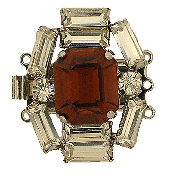 Historical German Rhinestone Clasp with 3 rows and springtongue mechanism; colour of stone in the middle: smoked topaz