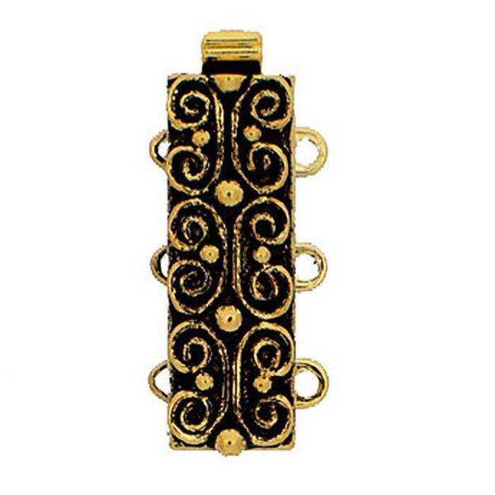 3 row narrow box clasp with spring mechanism and ornamental design perfect for bracelets and tight choker necklaces, sliderclasp, rectangular multi-row / -strand